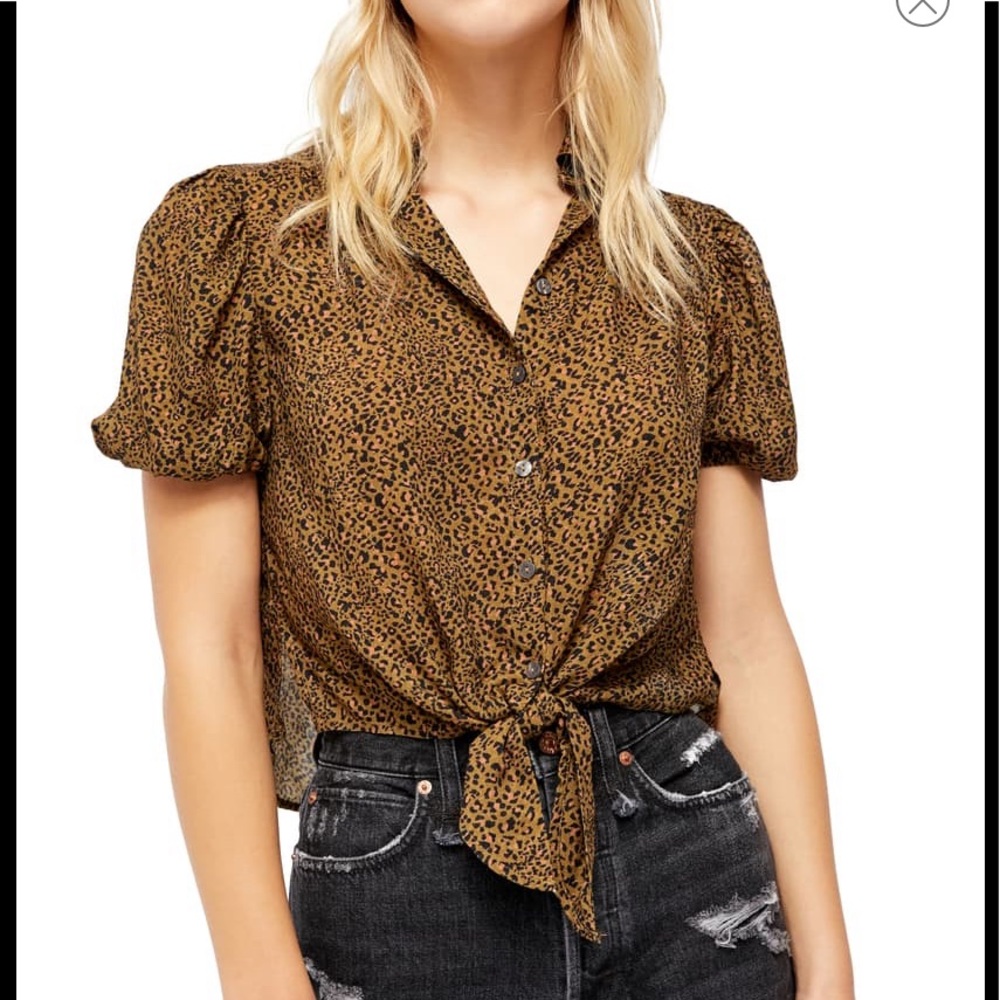 Free People Brown Leopard Print Tie-Front Blouse